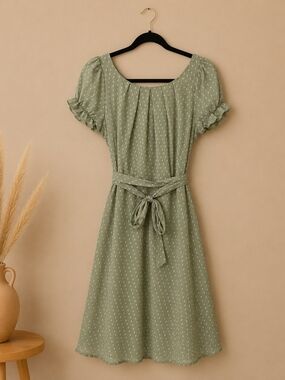 NY Collection Sage Green Puff Sleeve Midi Dress with Belt